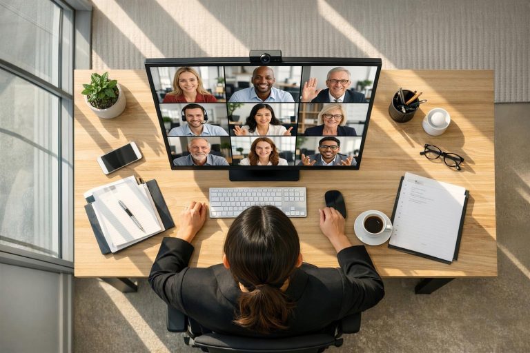 Profesional mengikuti video call dari home office