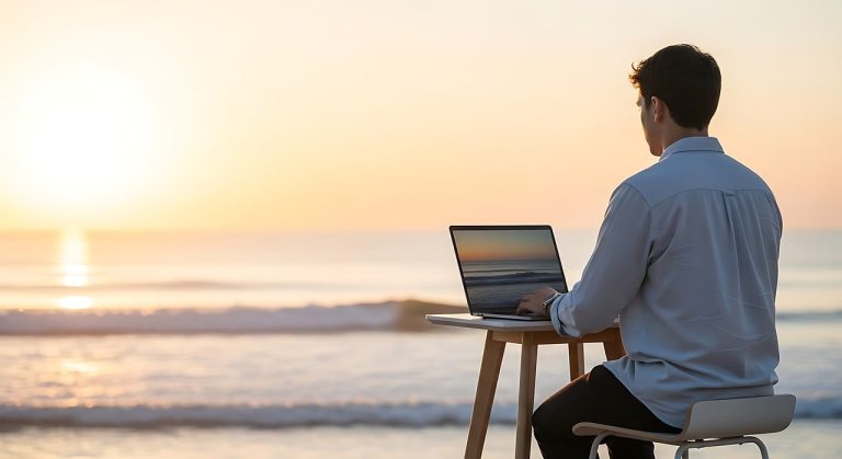 Freelancer bekerja remote dari laptop di dekat pantai